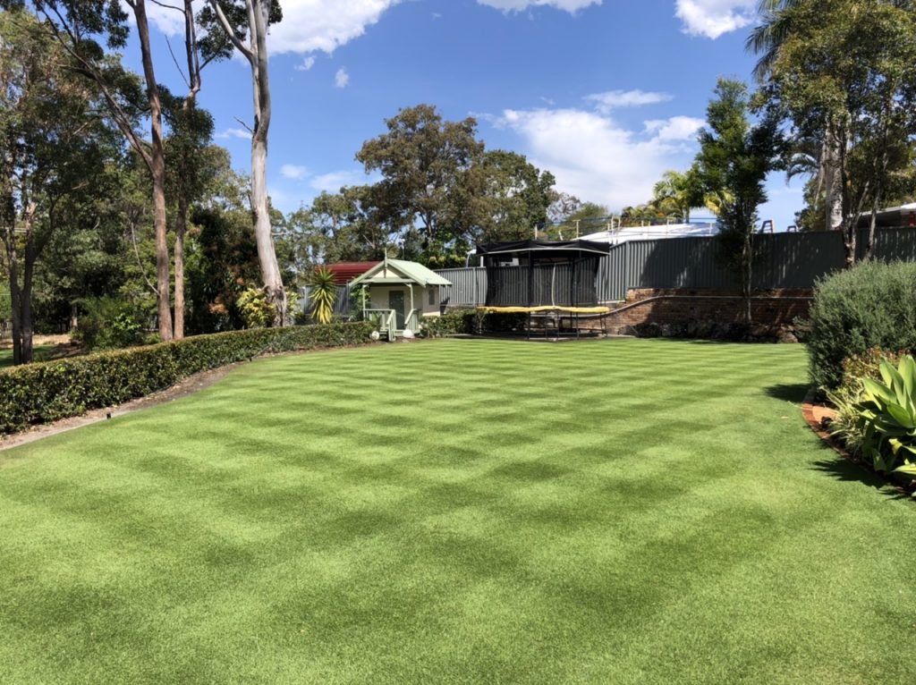 Lime green and juniper green shaded lawn cut in a checkered pattern | featured image for Paul - Heritage Park.