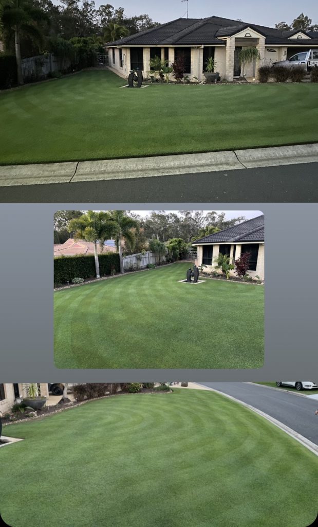 Three photos where the top and middle photo are taken from a street-view perspective and the bottom is from the driveway and the all show an arch cut pattern of dark green lawn in front of a home | featured image for Paul - Heritage Park.