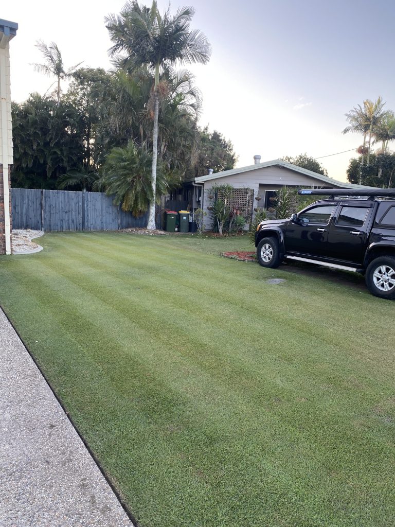 Healthy green lawn with a white house in the background | featured image for Daniel - Deception Bay.
