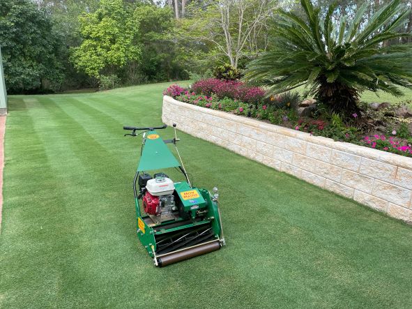 Lawnmower in the foreground of a healthy green lawn | featured image for Greg - Cedar Vale.